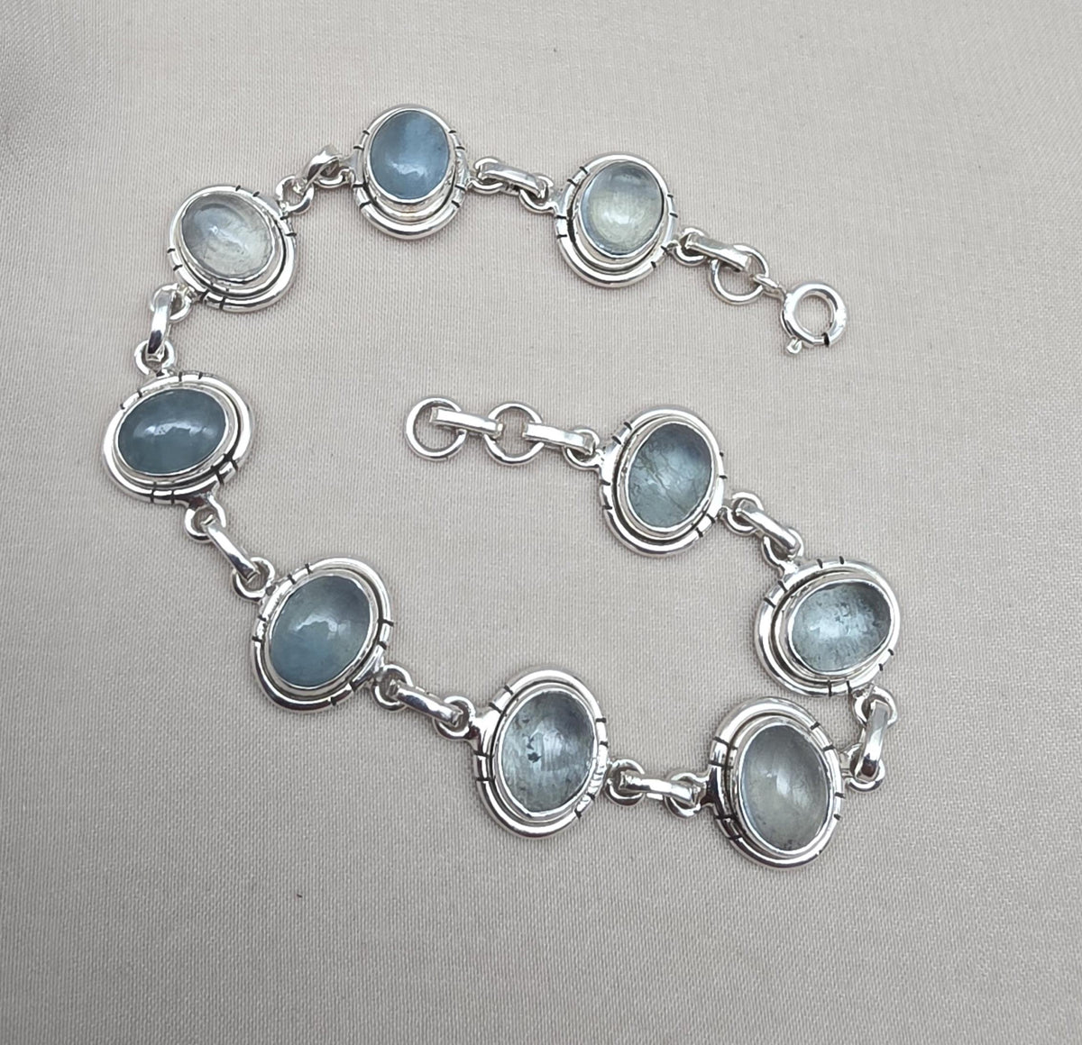 925 Sterling Silver Aqua Milky Gemstone Bracelet Natural Blue Cabochon Handmade Jewelry