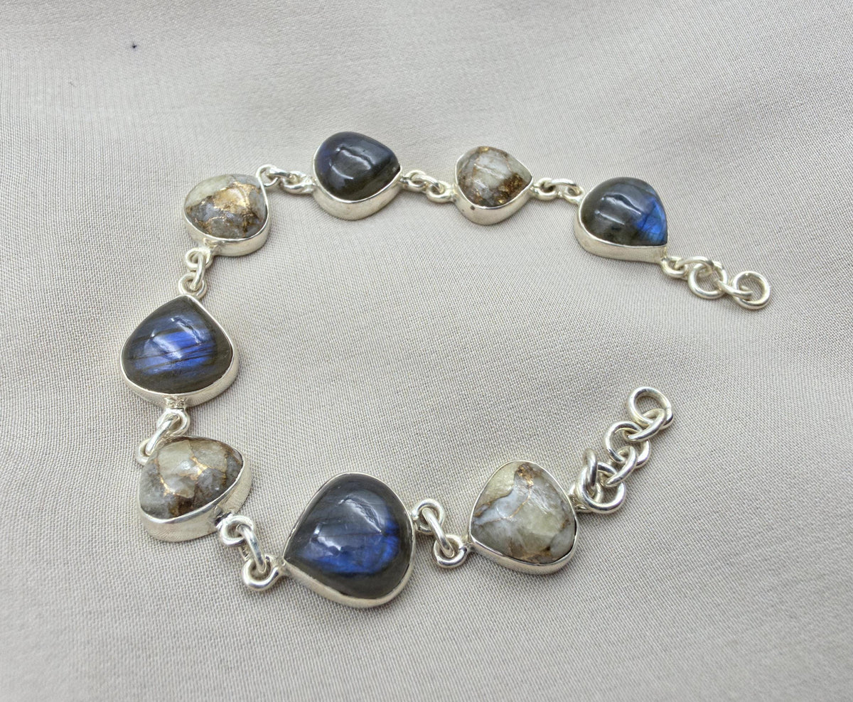 925 Sterling Silver Labradorite & Copper Calcite Bracelet Natural Gemstone Link Bracelet Handmade Boho Jewelry