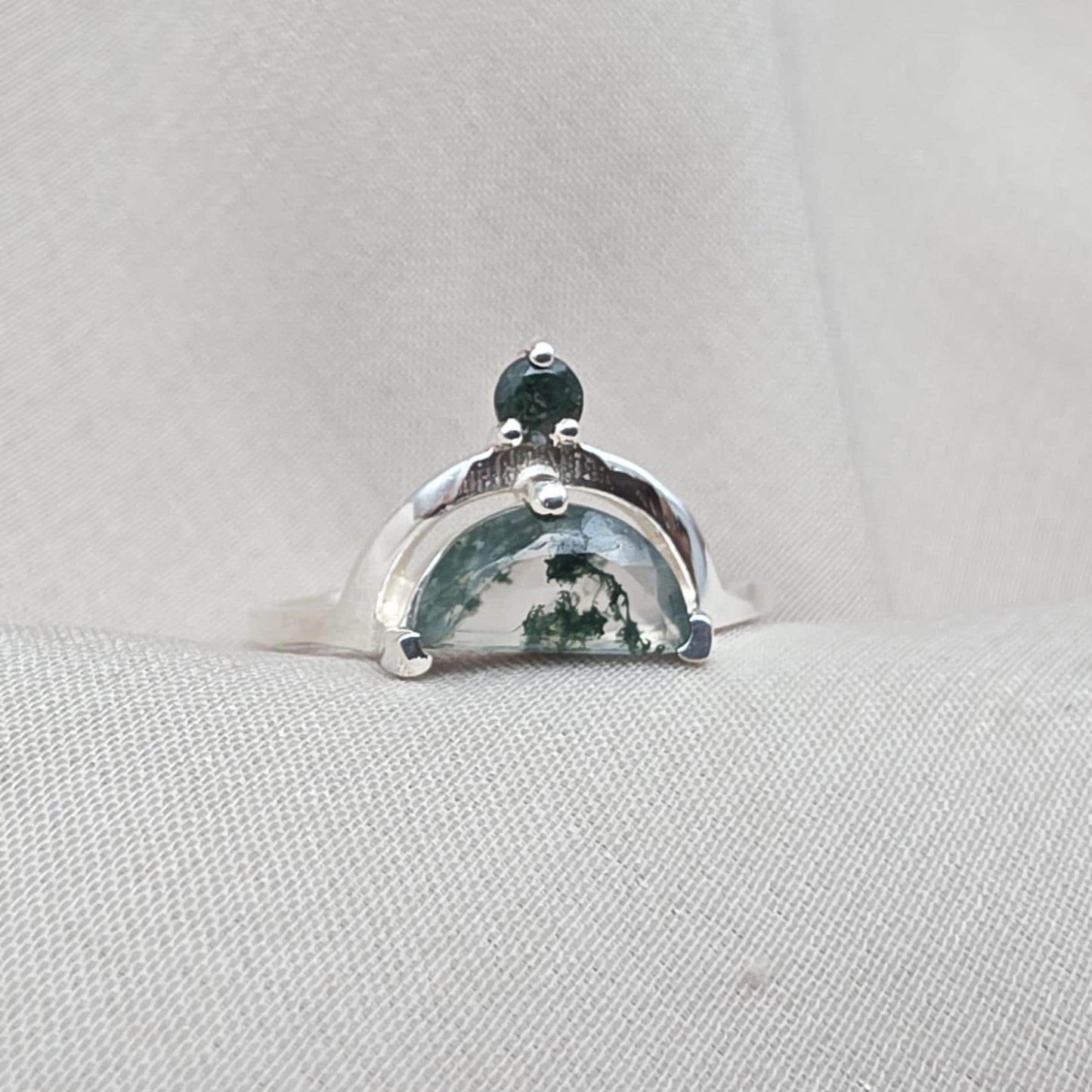 Moss Agate Ring 925 Silver Dual Stone Statement Ring Nature Gemstone