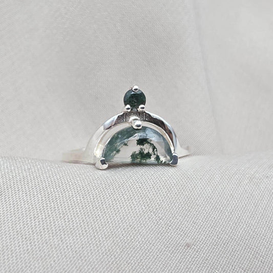 Moss Agate Ring 925 Silver Dual Stone Statement Ring Nature Gemstone