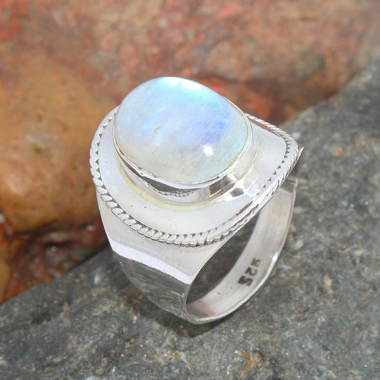 925 SOLID STERLING SILVER NATURAL RAINBOW MOONSTONE GEMSTONES HANDMADE RING, ALL SIZES AVAILABLE