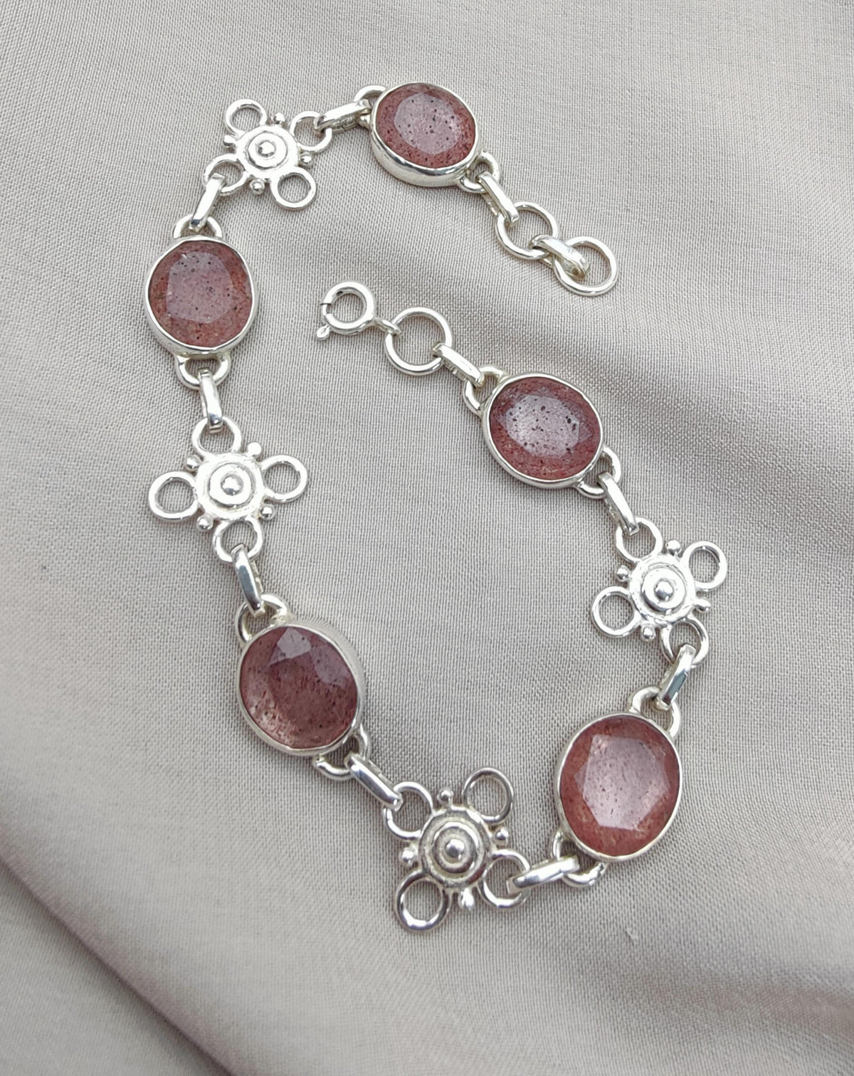 Pink Strawberry Quartz 925 Sterling Silver Bracelet | Handmade Adjustable Gemstone Jewelry Gift for Women
