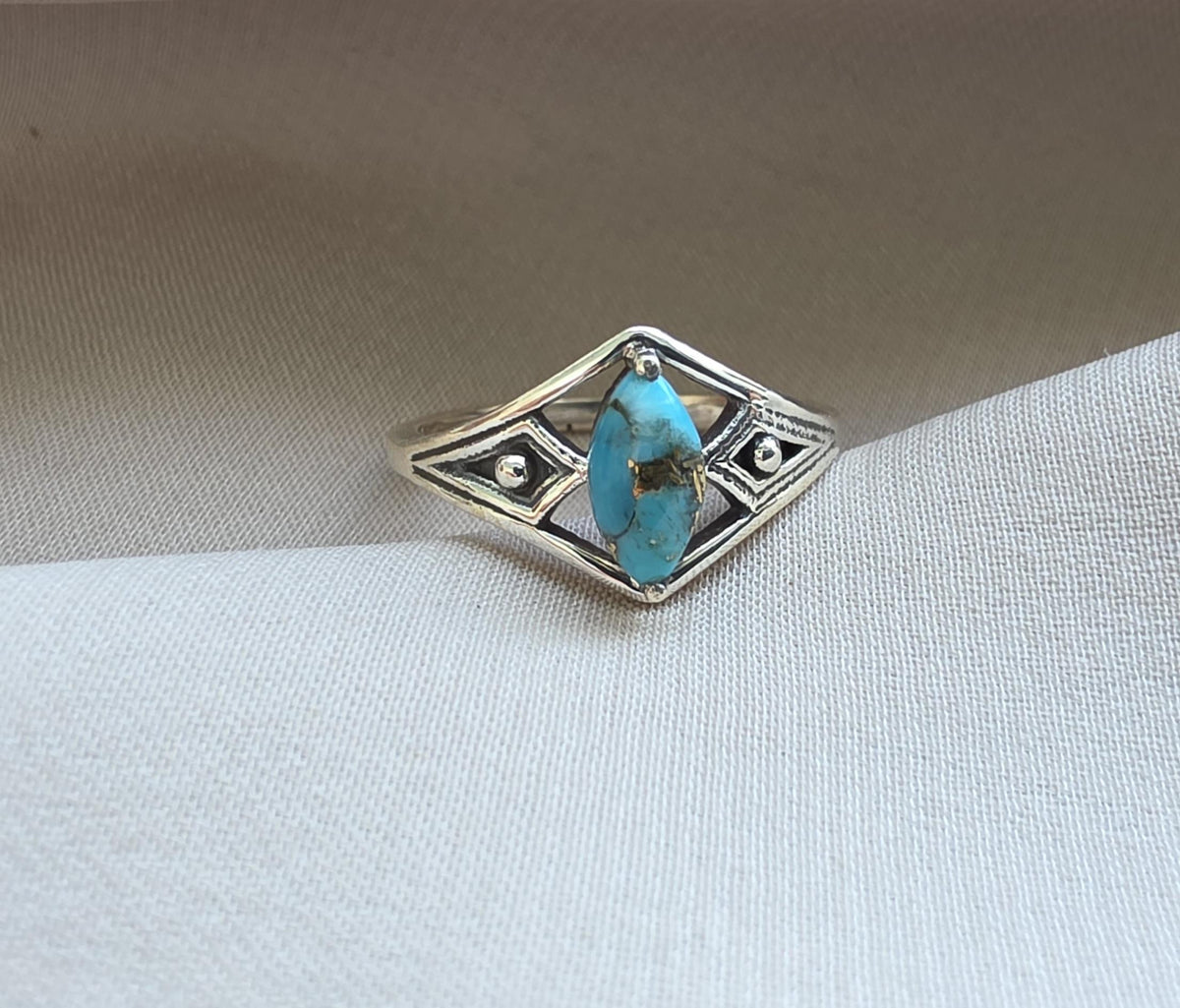 Blue Copper Turquoise Marquise Ring 925 Sterling Silver Statement Ring December Birthstone Gift