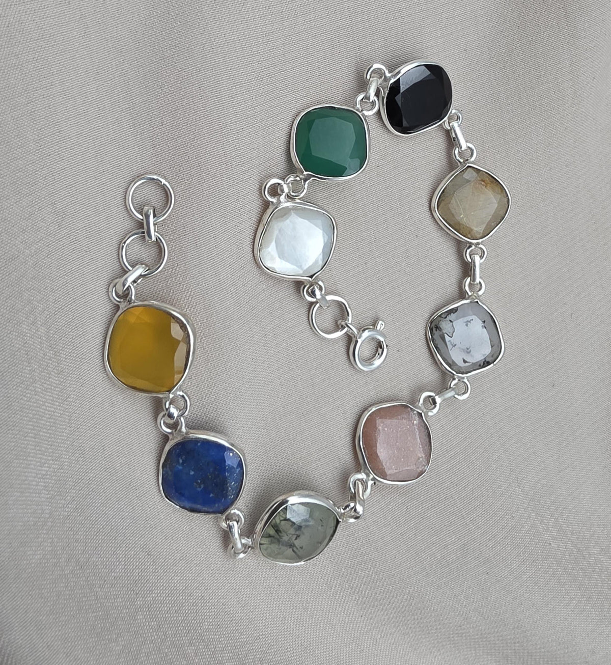 925 Sterling Silver Multi Stone Bracelet Natural Gemstone Cushion Link Jewelry