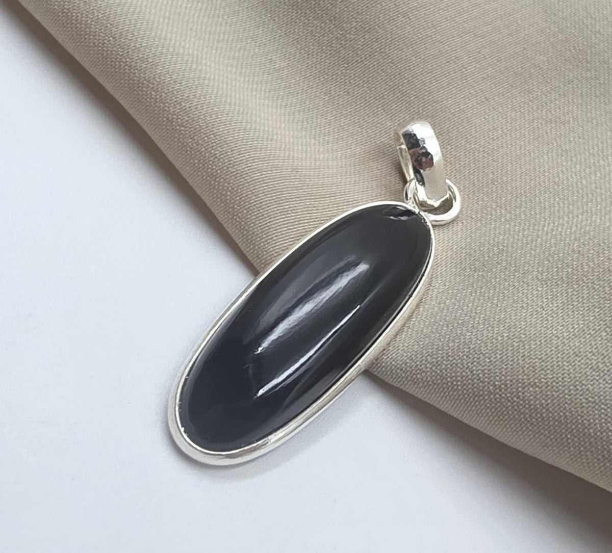 925 Sterling Silver Black Onyx Pendant, Long Oval Cabochon Gemstone Necklace