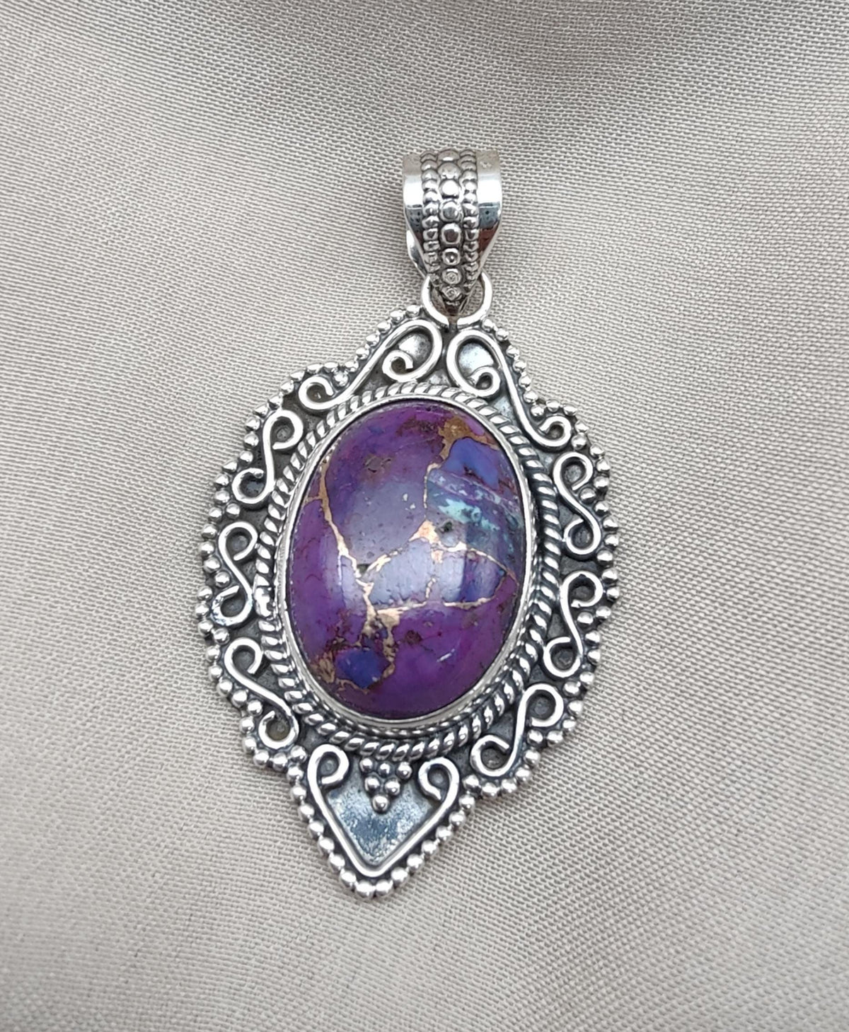 Purple Copper Turquoise Pendant: Sterling Silver Boho Healing Necklace