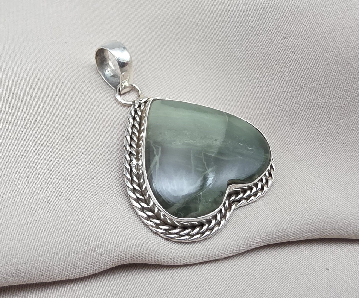 Seraphinite Pendant: 925 Sterling Silver, Healing Crystal Jewelry Heart shape Unique Pendant