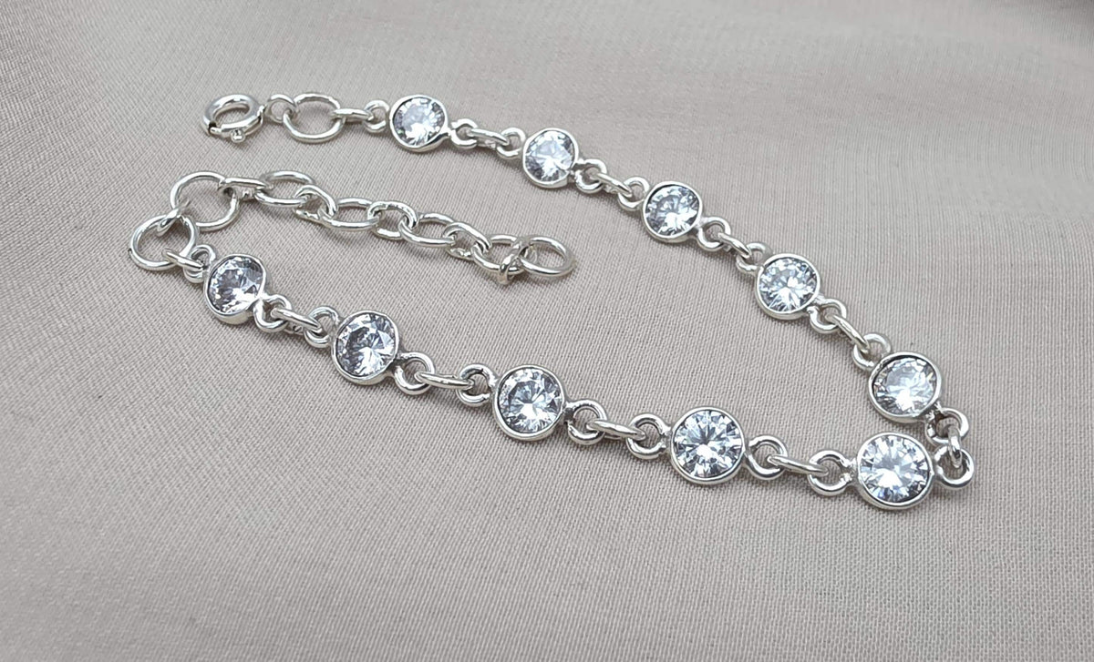 925 Sterling Silver Zircon Bracelet Minimal Sparkle Round Link Jewelry