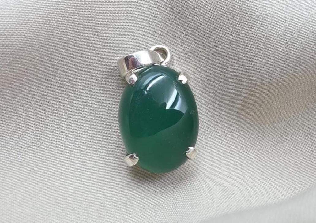 925 Sterling Silver Oval Green Onyx Pendant, Natural Gemstone Charm, Handmade Jewelry