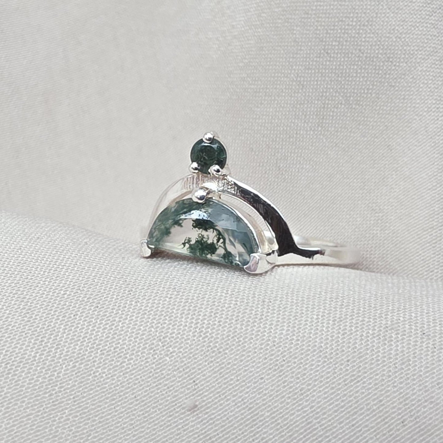 Moss Agate Ring 925 Silver Dual Stone Statement Ring Nature Gemstone