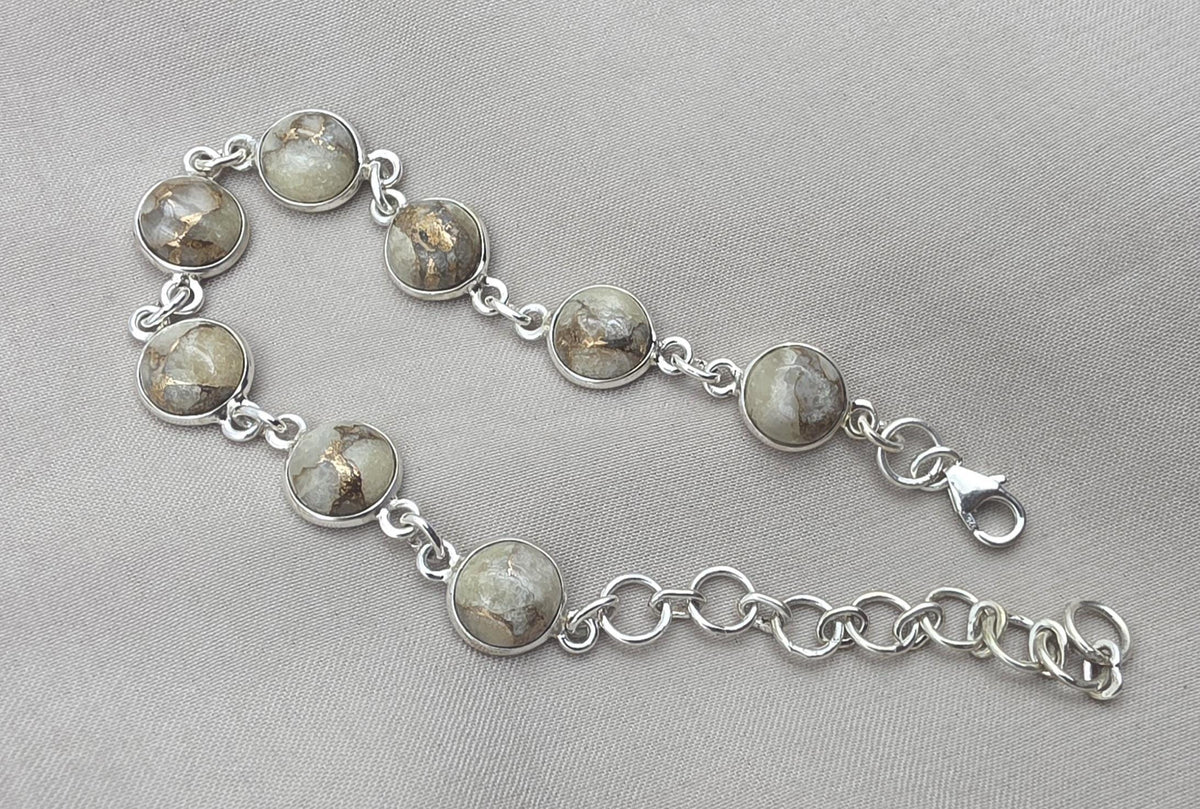 925 Sterling Silver Copper Calcite Bracelet Natural Round Gemstone Link Bracelet Gift for Her