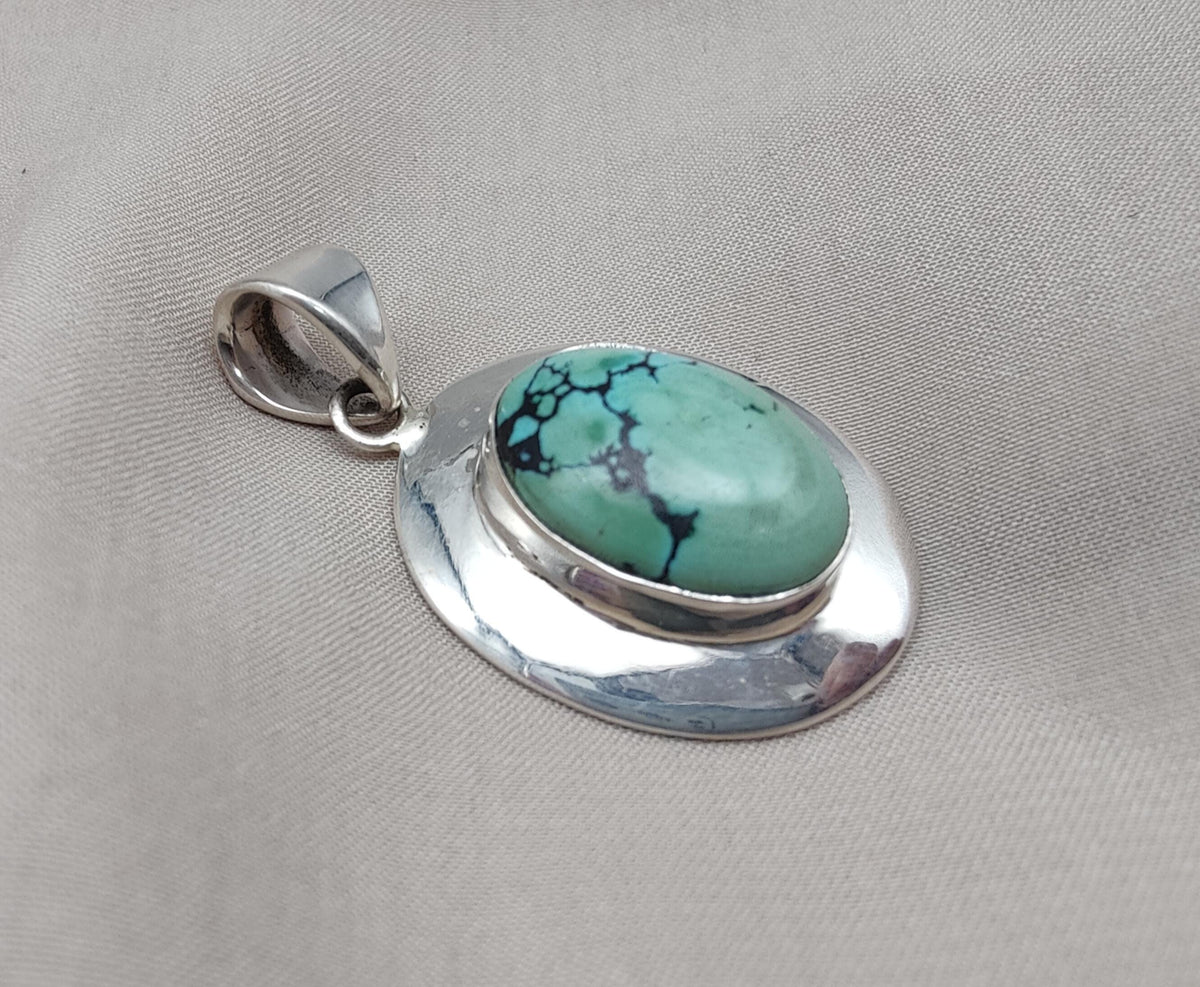 Tibetan Turquoise Pendant: Sterling Silver Boho Necklace, Handmade