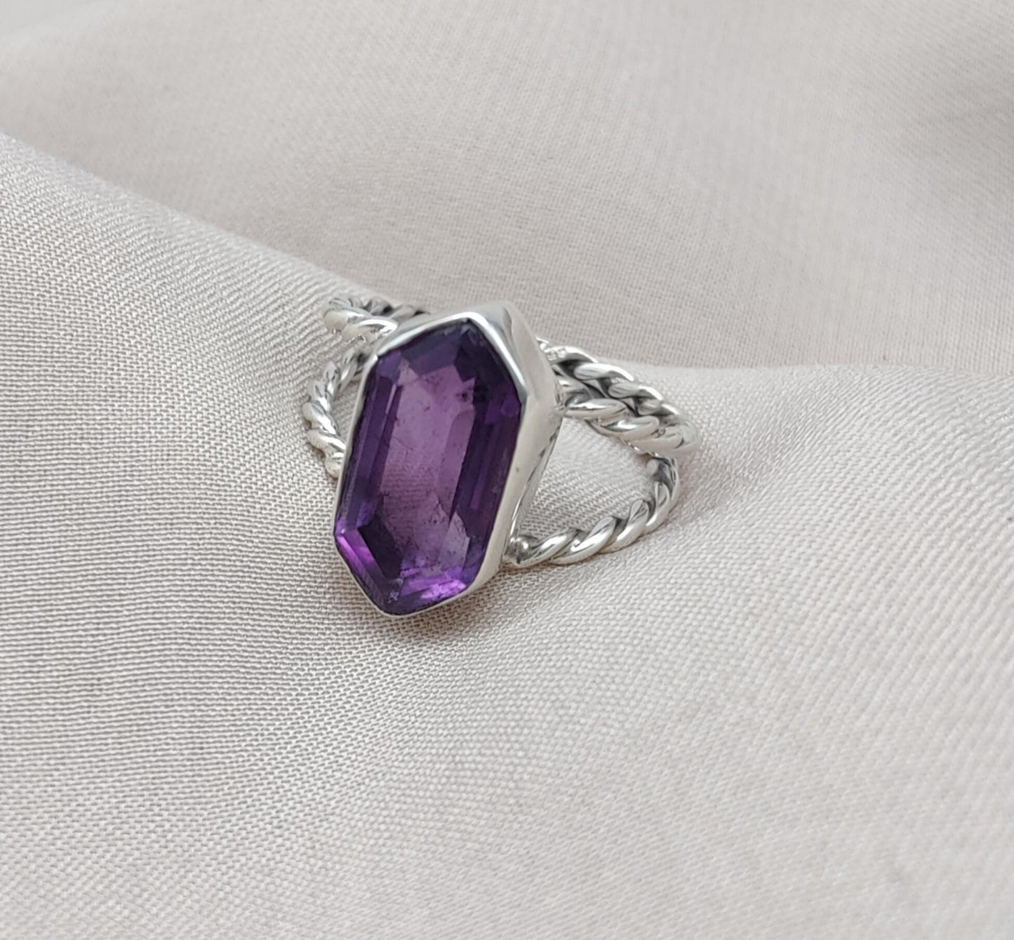 Amethyst Hexagon 925 Sterling Silver Ring: Twisted Band, Spiritual Jewelry