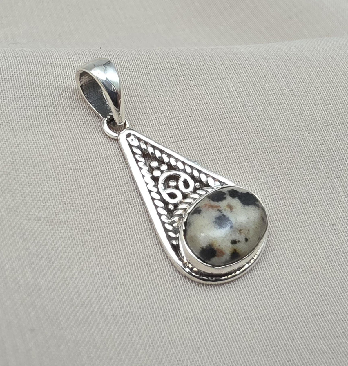 Sterling Silver Dalmatian Jasper Pendant: Teardrop Boho Necklace