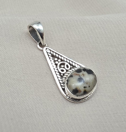 Sterling Silver Dalmatian Jasper Pendant: Teardrop Boho Necklace