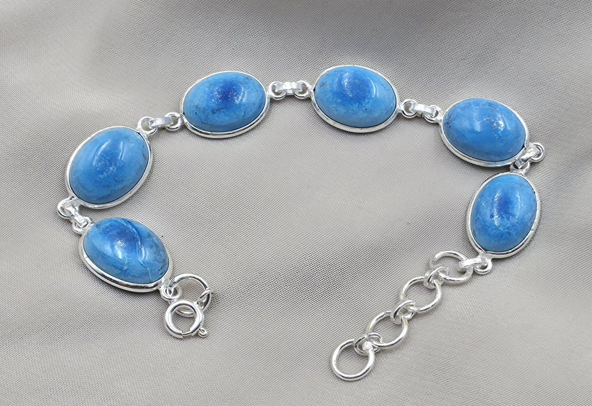 925 Sterling Silver Larimar Bracelet Natural Blue Gemstone Oval Link Jewelry