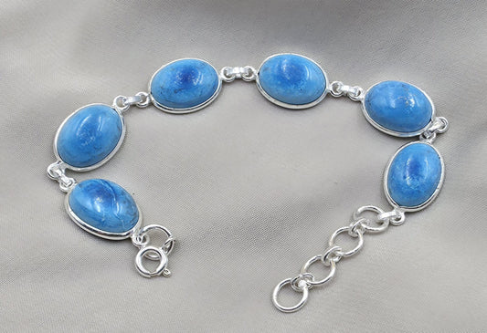 925 Sterling Silver Larimar Bracelet Natural Blue Gemstone Oval Link Jewelry