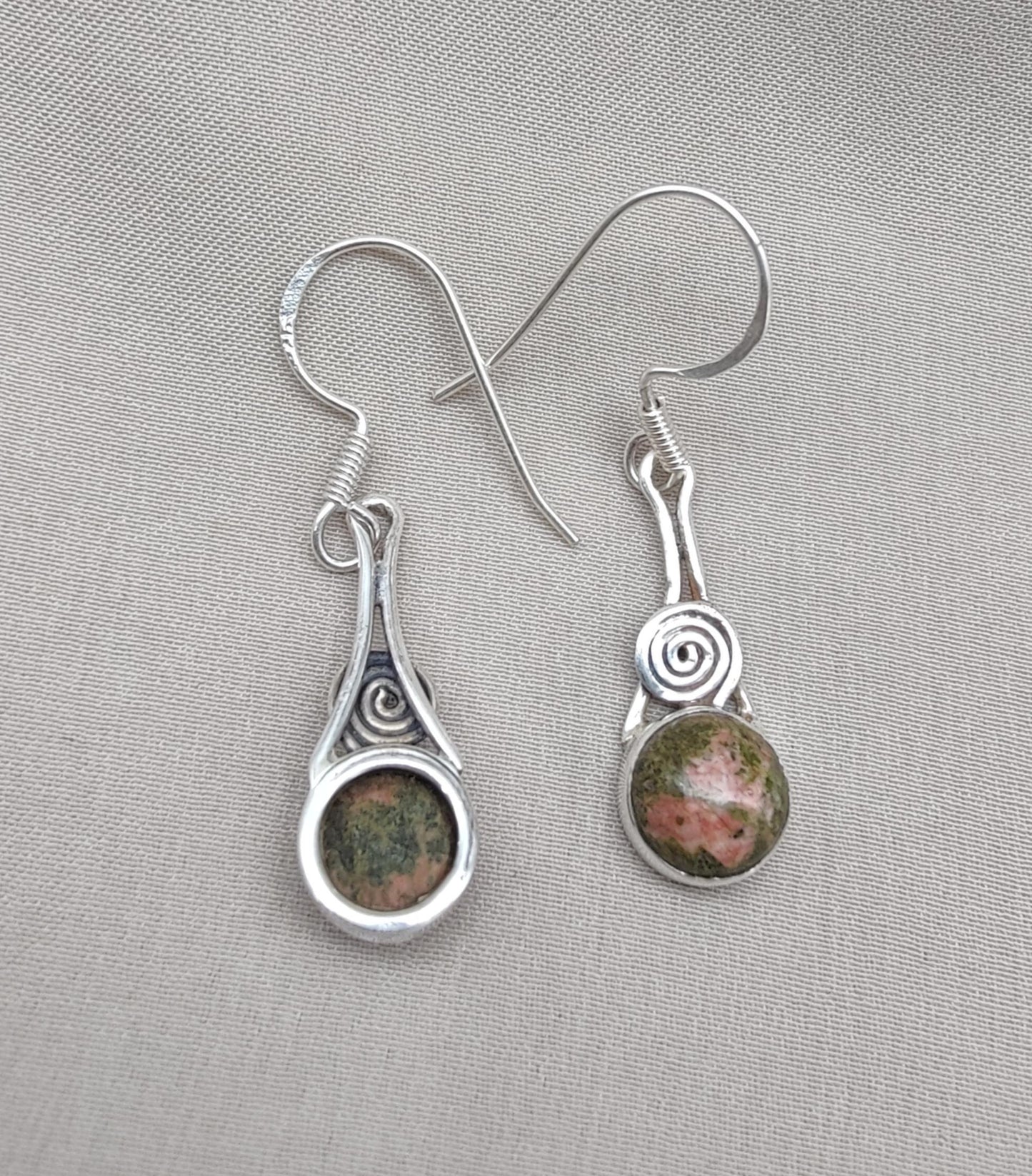 Unakite Dangle Earrings: 925 Sterling Silver, Boho Healing Stone
