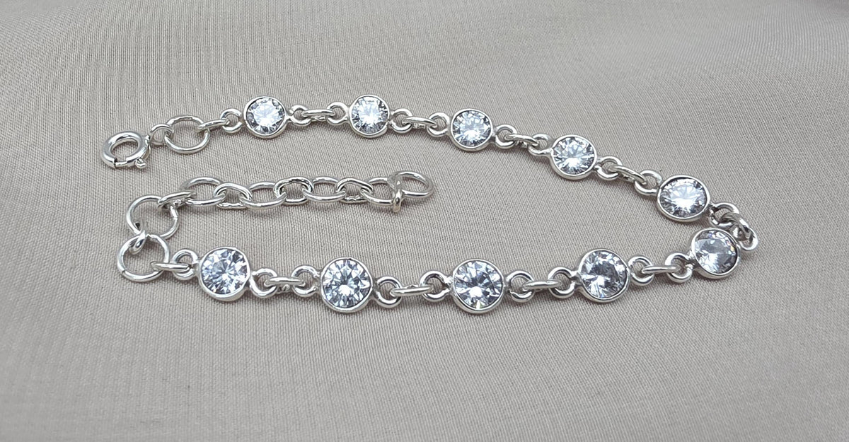 925 Sterling Silver Zircon Bracelet Minimal Sparkle Round Link Jewelry