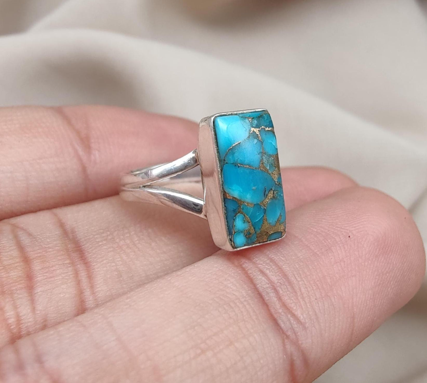 Blue Copper Turquoise 925 Sterling Silver Ring: Boho Gemstone Jewelry