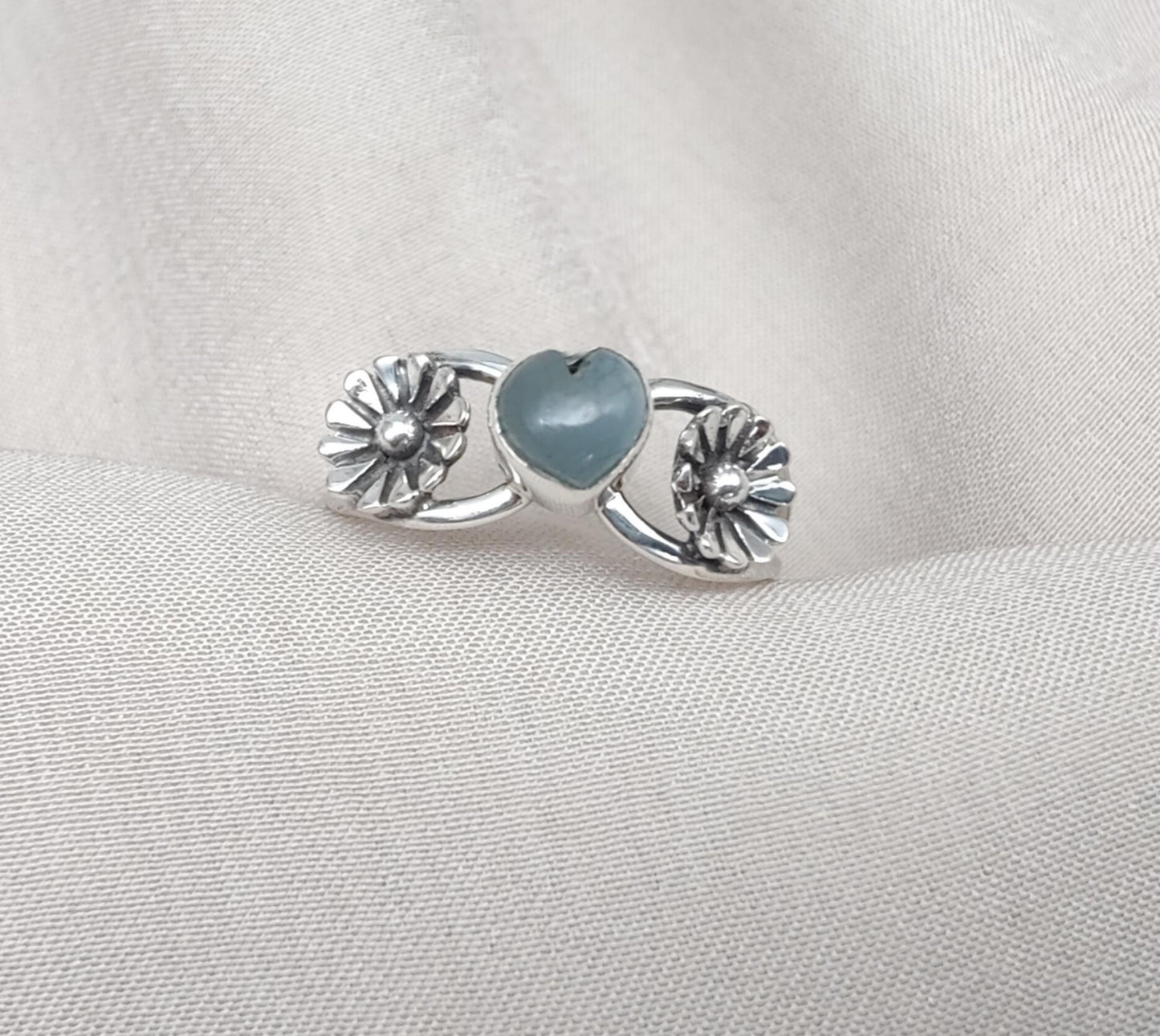 Aquamarine Heart Ring 925 Sterling Silver Floral Boho Ring