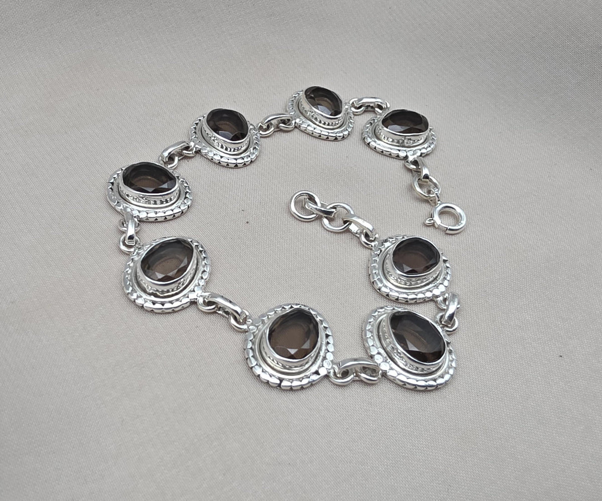 925 Sterling Silver Smoky Quartz Bracelet Natural Brown Oval Gemstone Handmade Jewelry