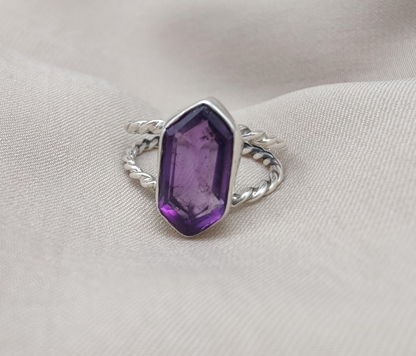 Amethyst Hexagon 925 Sterling Silver Ring: Twisted Band, Spiritual Jewelry