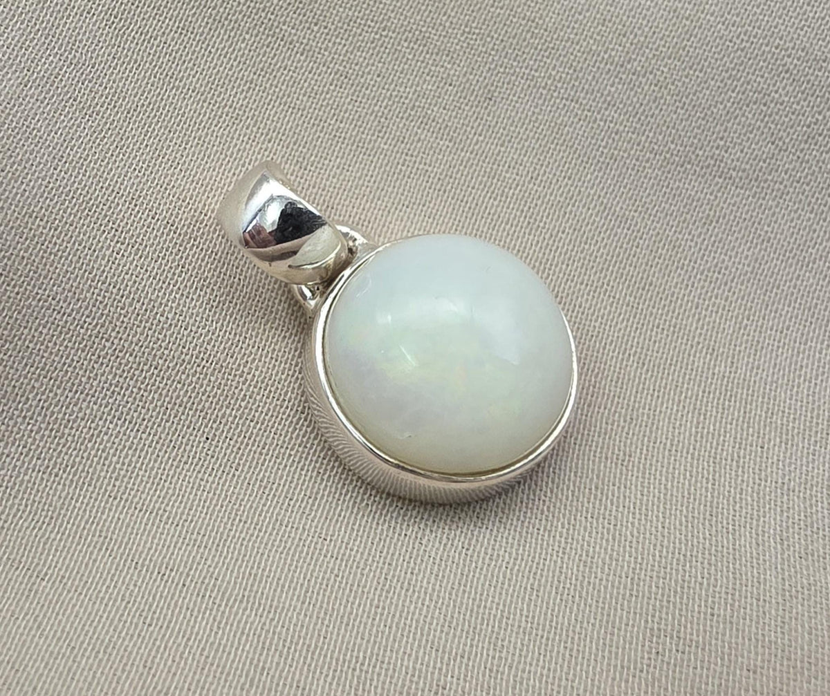Natural White Opal Round Pendant 925 Sterling Silver Handmade Cabochon Gemstone Jewelry