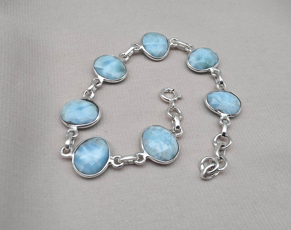 Natural Larimar Handmade  Bracelet : 925 Sterling Silver Blue Gemstone Adjustable Bracelet