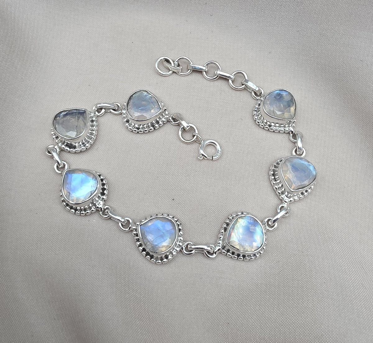 Rainbow Moonstone 925 Sterling Silver Bracelet Natural Handmade
