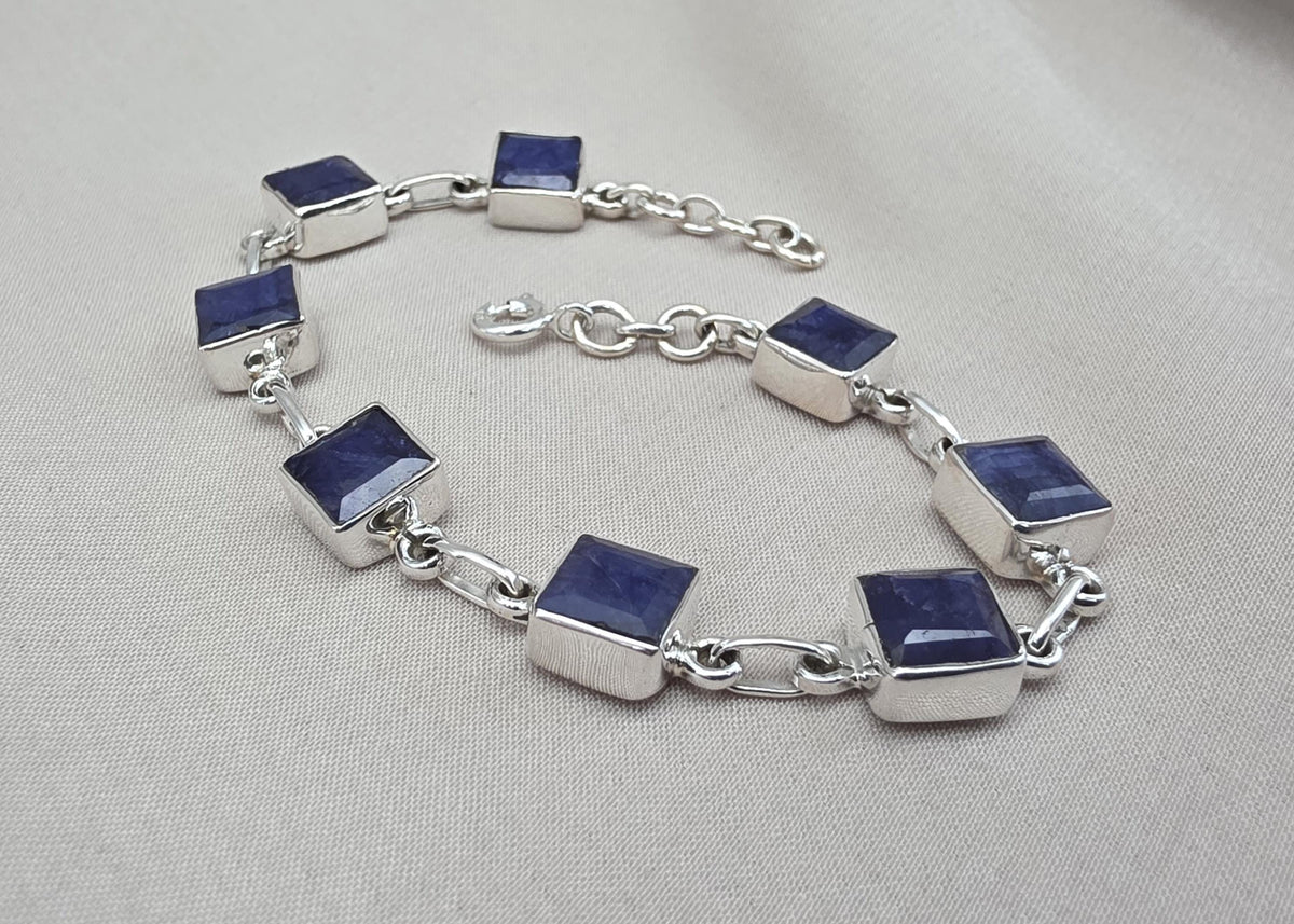 Blue Sapphire Cushion Link Bracelet 925 Sterling Silver Square Faceted Gemstone Bracelet Handmade Jewelry