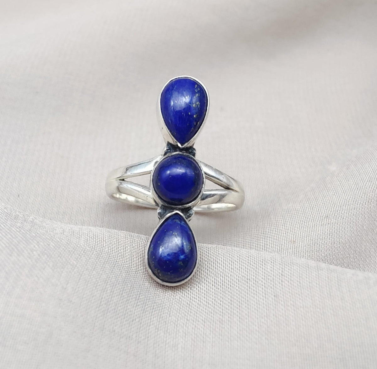 Lapis Lazuli Ring 925 Sterling Silver Triple Stone Boho Jewelry Antique Gift For Her