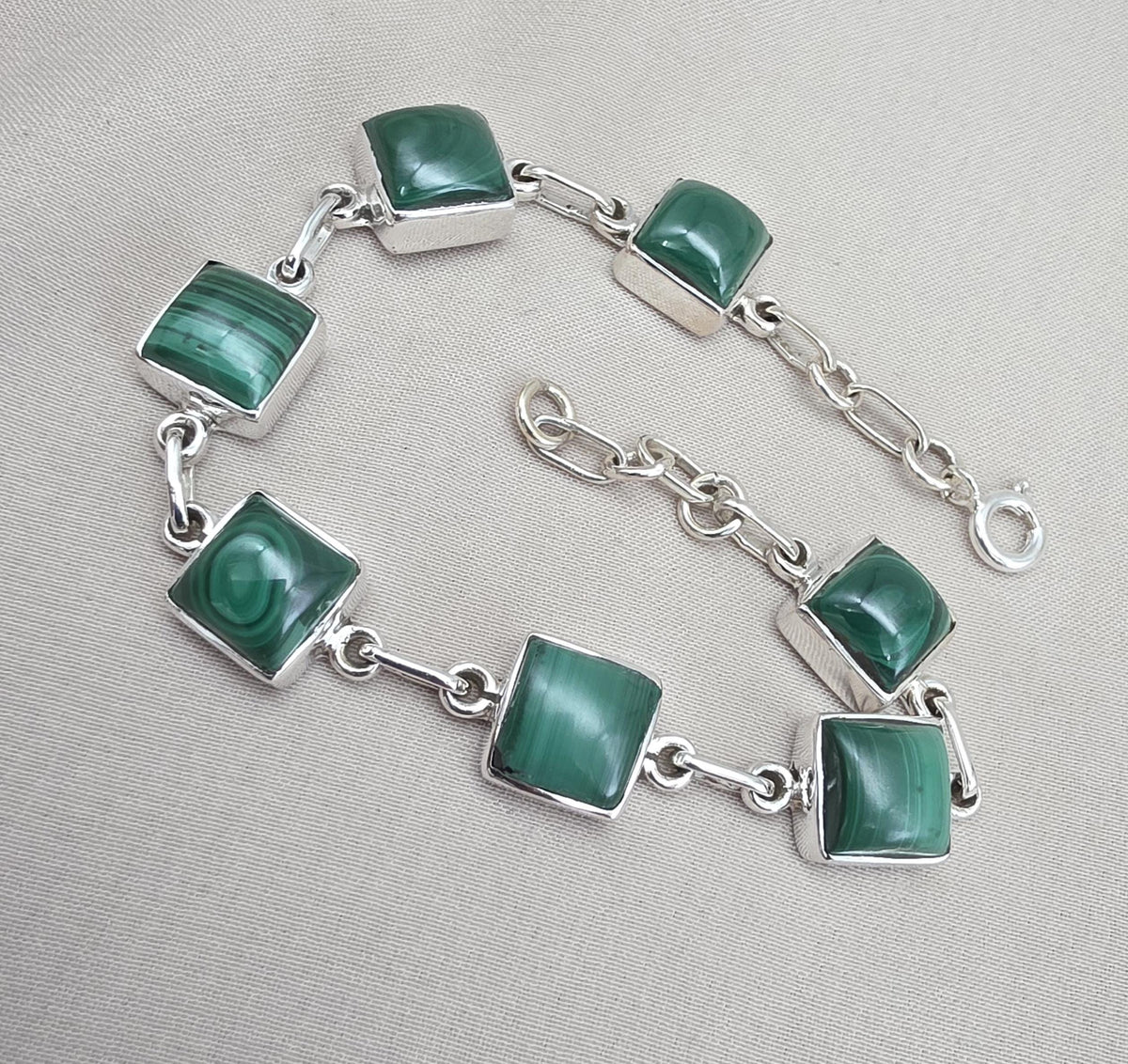 Malachite Bracelet 925 Sterling Silver Square Cabochon Link Bracelet Green Gemstone Handmade Jewelry Gift