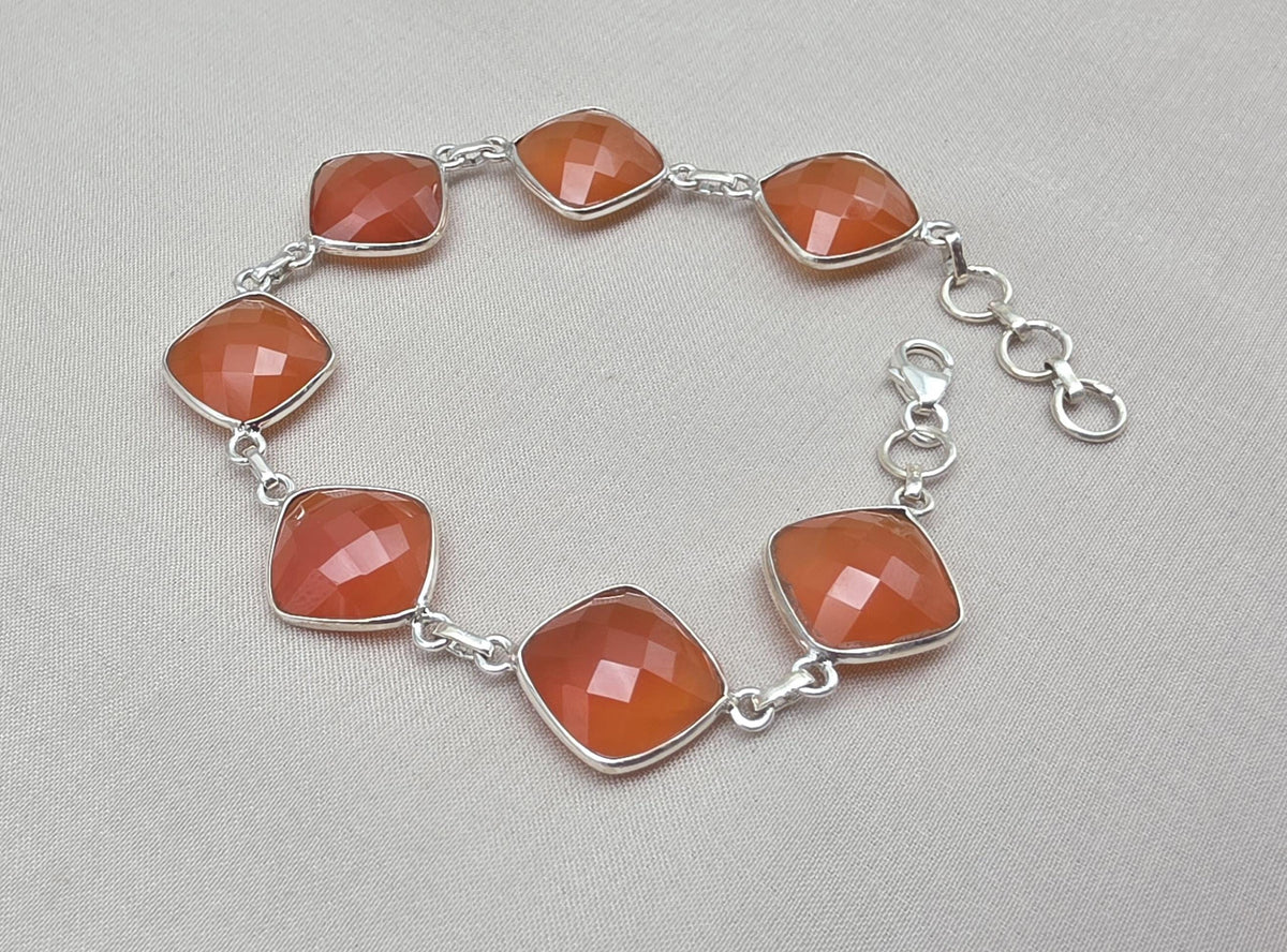 Sterling Silver Carnelian Bracelet, Faceted Gemstone Handmade Jewelry