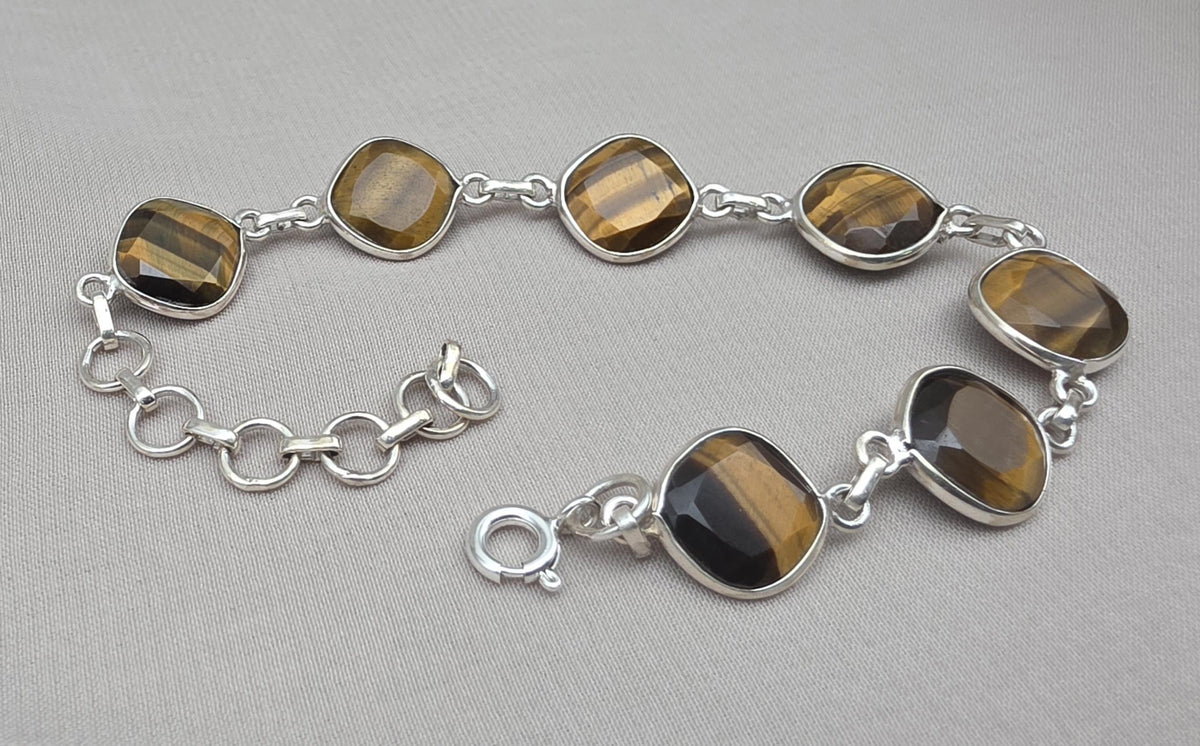 925 Sterling Silver Tiger Eye Bracelet Faceted Cushion Cut Gemstone Bracelet Gift for Her