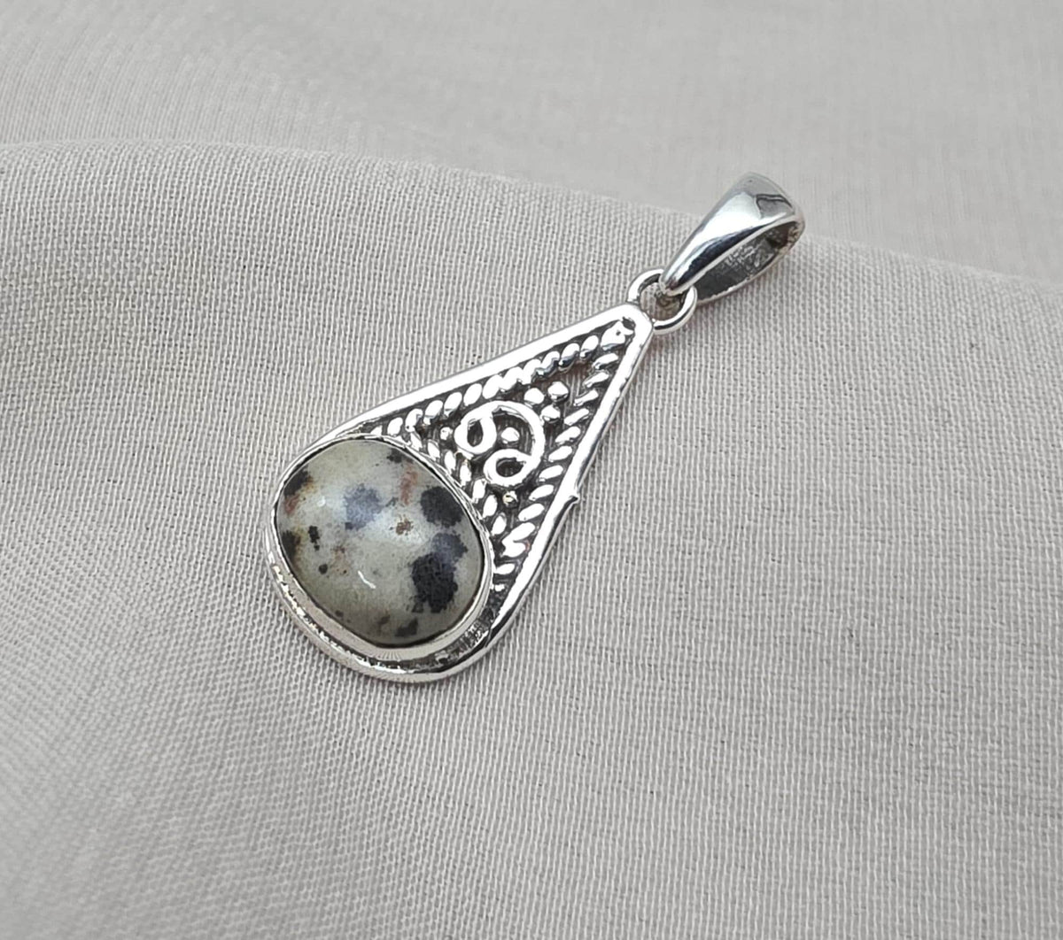 Sterling Silver Dalmatian Jasper Pendant: Teardrop Boho Necklace