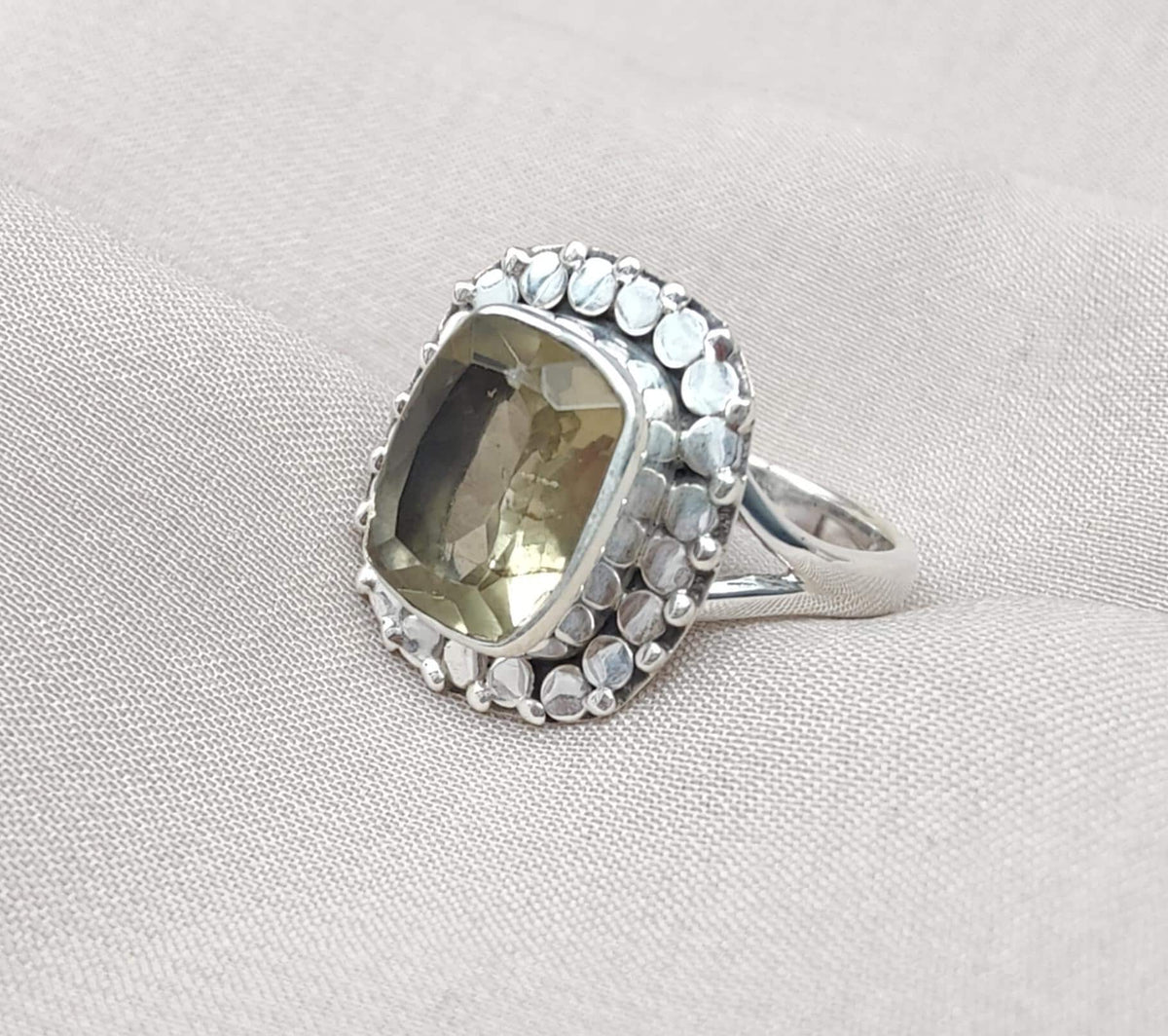 Lemon Quartz Sterling Silver Ring: Cushion Cut Cocktail Statement Jewelry