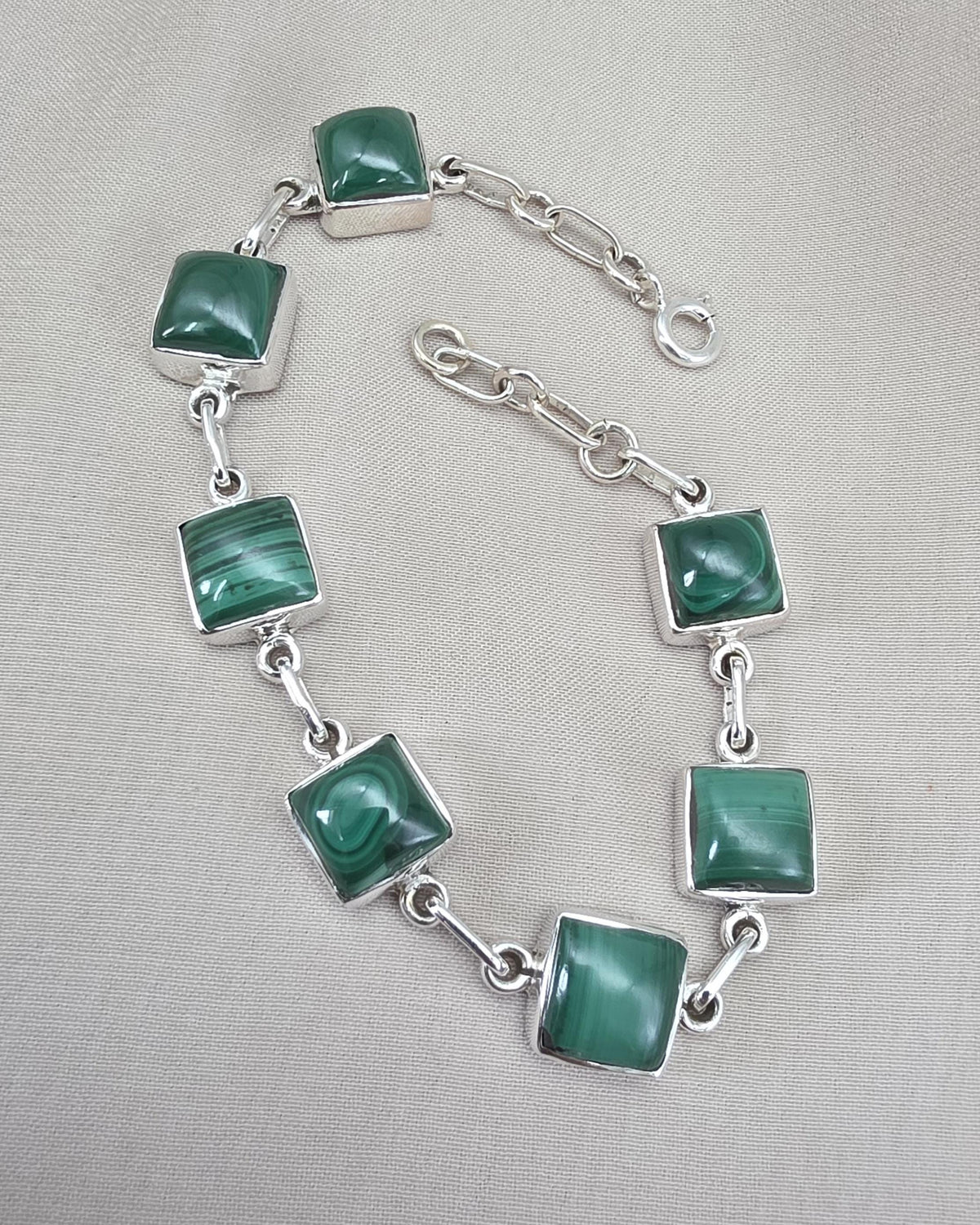 Malachite Bracelet 925 Sterling Silver Square Cabochon Link Bracelet Green Gemstone Handmade Jewelry Gift