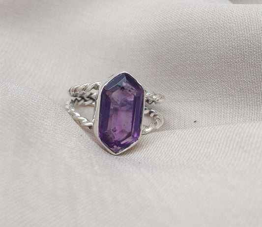 Amethyst Hexagon 925 Sterling Silver Ring: Twisted Band, Spiritual Jewelry