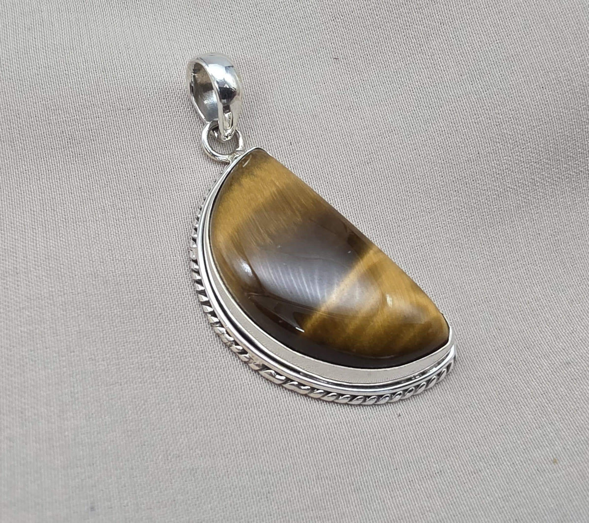 Half Moon Tiger Eye Pendant: 925 Sterling Silver Protection Gemstone Necklace Courage Jewelry