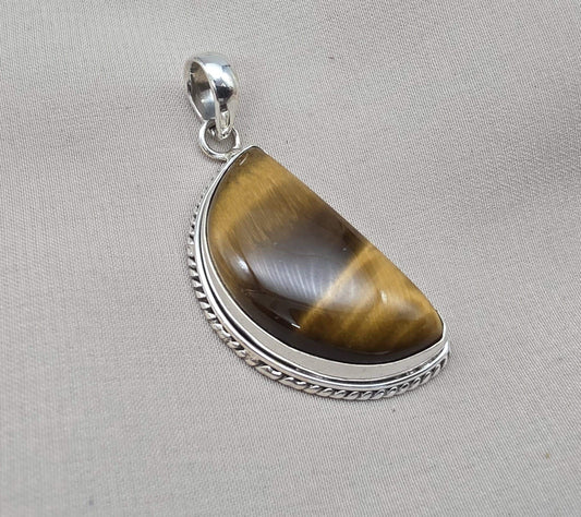 Half Moon Tiger Eye Pendant: 925 Sterling Silver Protection Gemstone Necklace Courage Jewelry