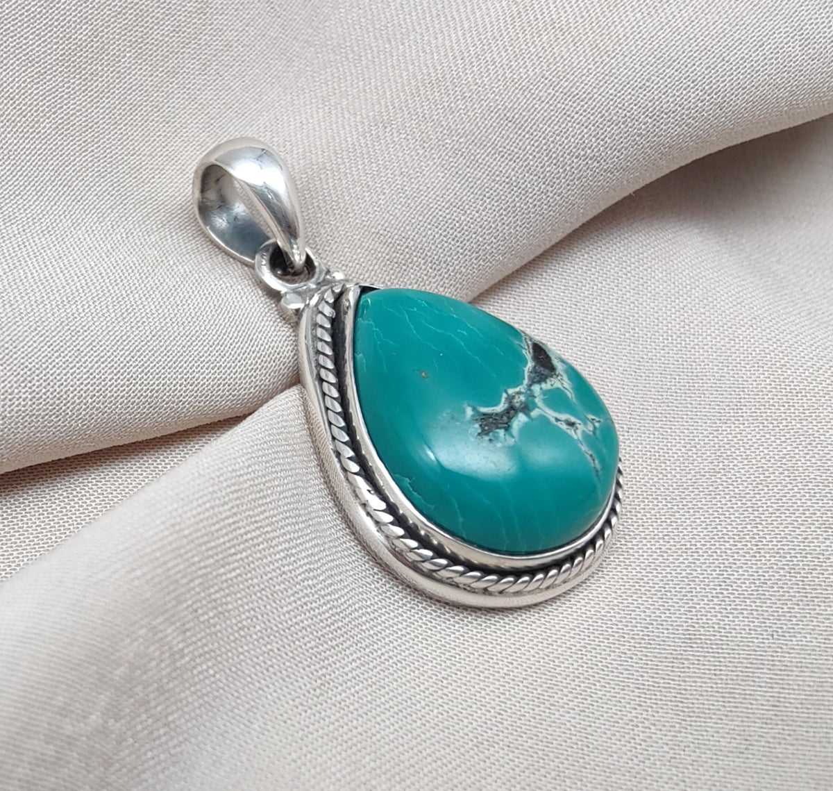 Tibetan Turquoise Pear Pendant: Sterling Silver Boho Necklace