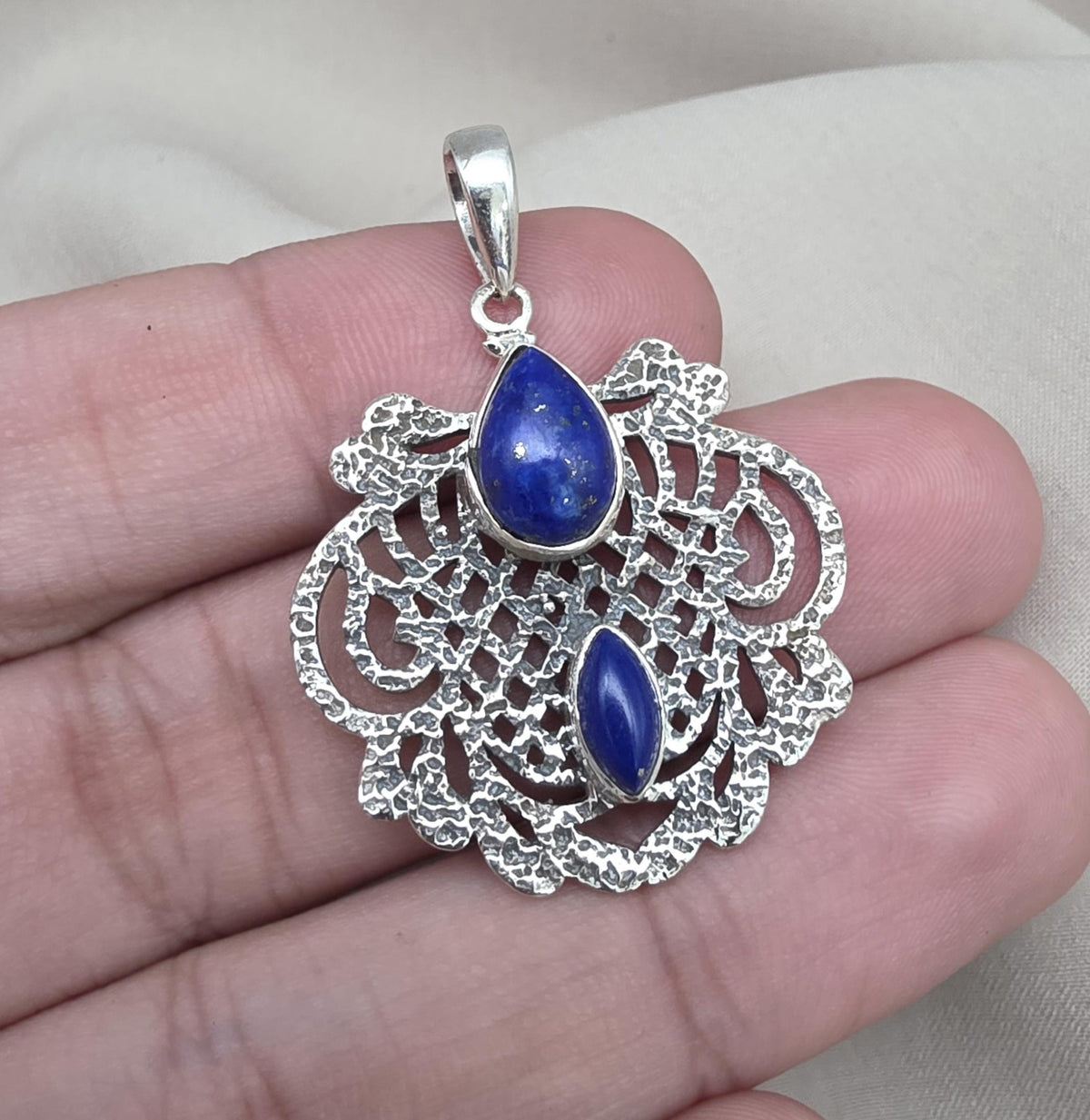 Lapis Lazuli Pendant: Handmade 925 Sterling Silver Filigree, Boho Vintage Necklace