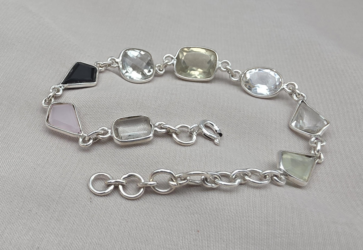 925 Sterling Silver Multi Gemstone Bracelet, Colorful Boho Link Jewelry Gift Her