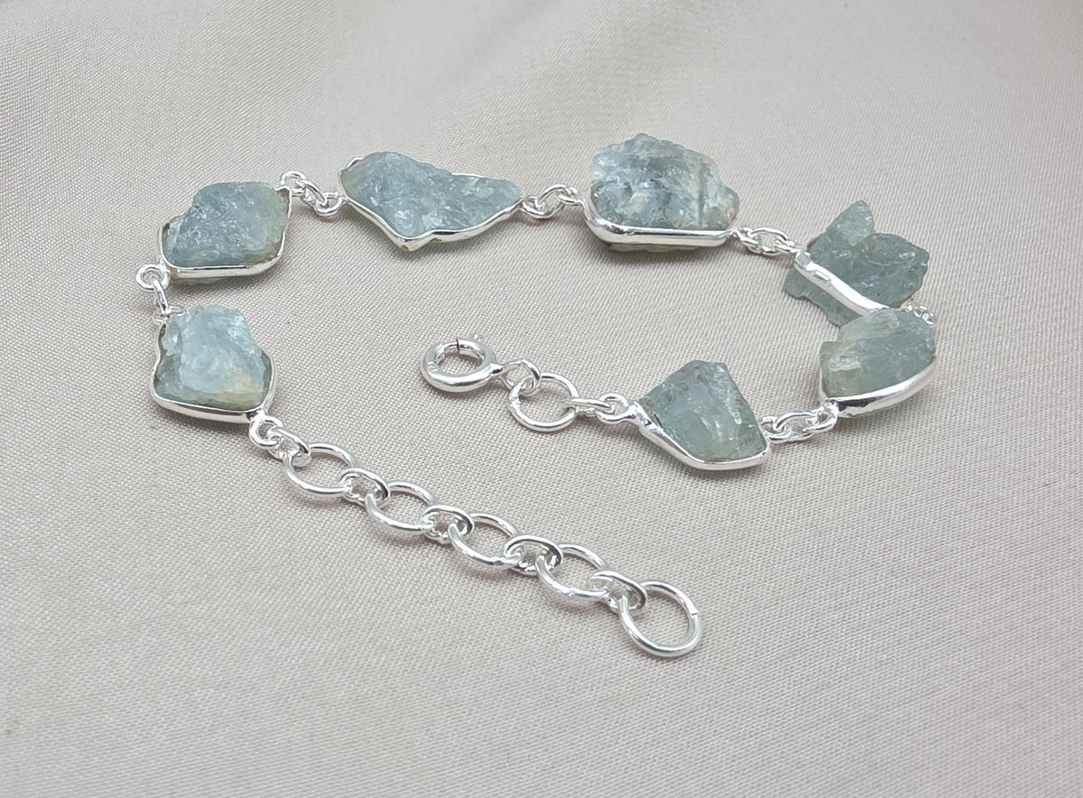 Raw Aquamarine Bracelet in 925 Sterling Silver Natural Blue Gemstone Jewelry