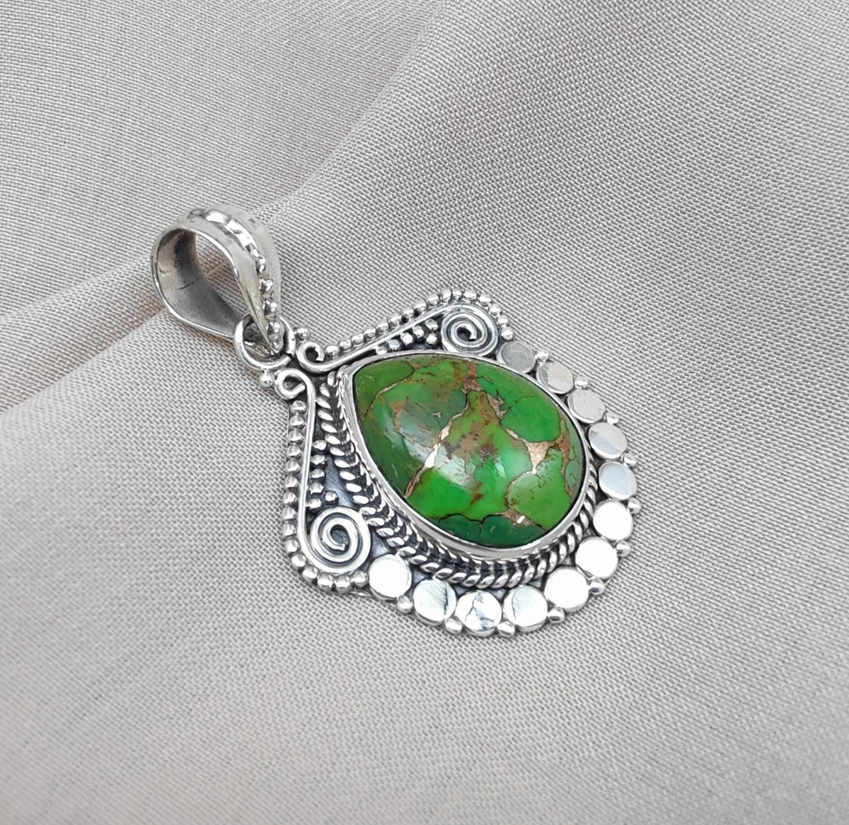 Green Copper Turquoise Pendant Necklace: 925 Sterling Silver Boho Jewelry