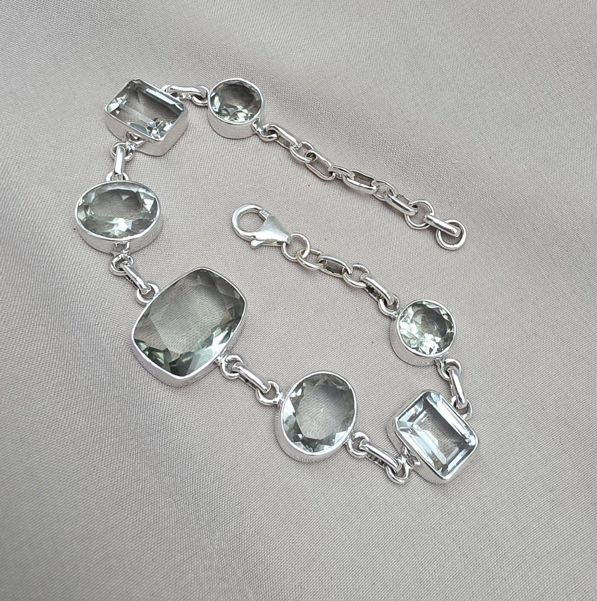 925 Sterling Silver Green Amethyst Bracelet Multi Shape Gemstone Elegant Statement Bracelet for Women