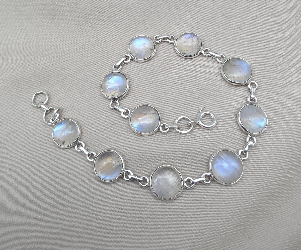 925 Sterling Silver Blue Flash Rainbow Moonstone Bracelet Natural Oval Link Jewelry