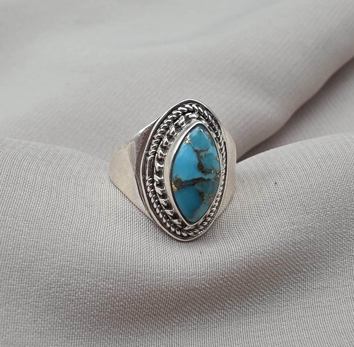 Blue Copper Turquoise Marquise Ring 925 Sterling Silver Statement Ring December Birthstone Gift