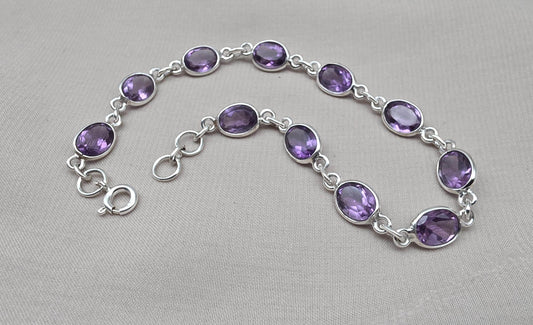 925 Sterling Silver Amethyst Bracelet Natural Purple Gemstone Oval Link Jewelry